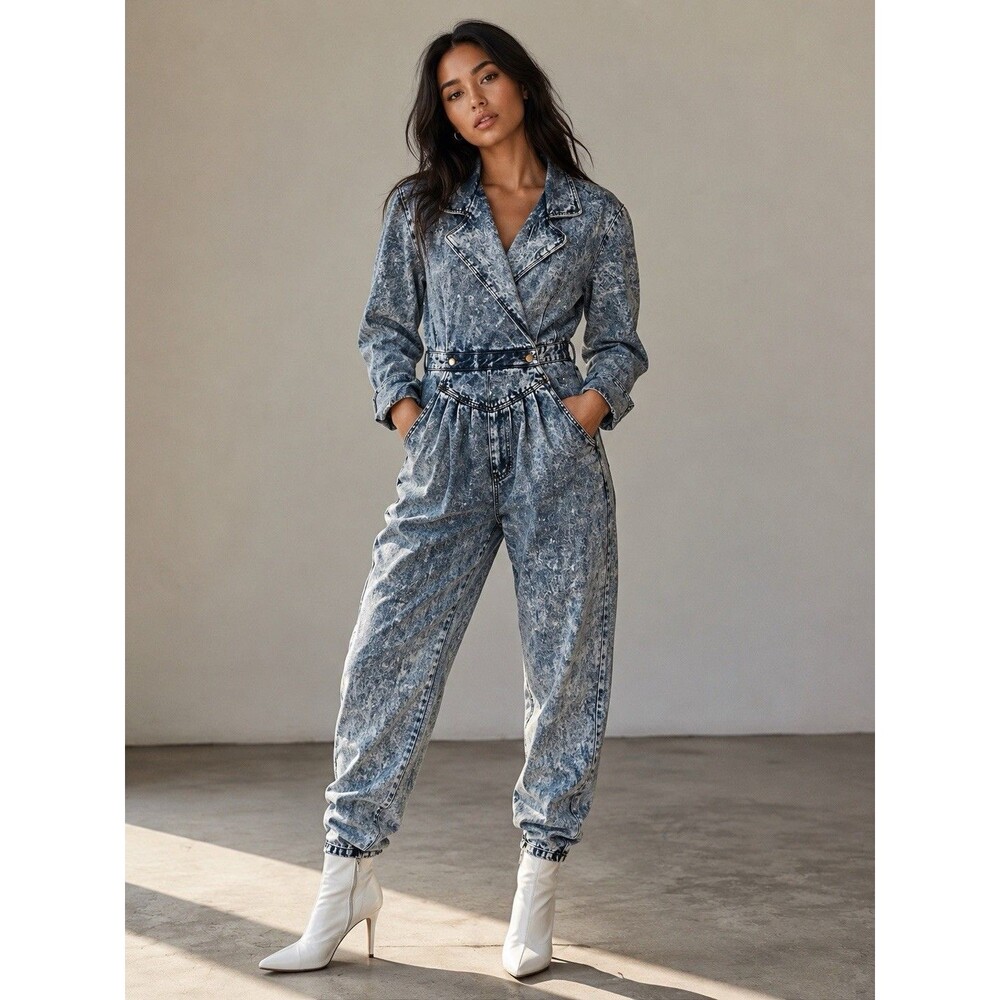 Vintage Denim Jumpsuit 80s Acid Wash High Waist Utility One Piece Retro Sz 11/12